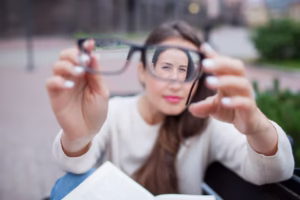 Mujer dependendiente de lentes oftálmicos debido al astigmatismo